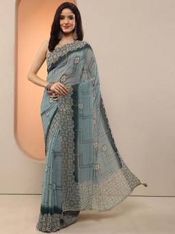 Libas - Women Grey Printed Georgette Saree with Unstitched Blouse