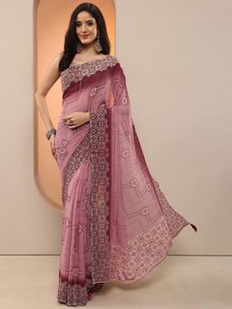 Libas - Women Pink Printed Georgette Saree with Unstitched Blouse