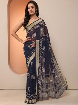 Libas - Women Navy Blue Printed Pure Georgette Saree with Unstitched Blouse