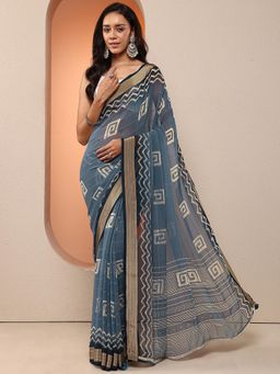 Libas - Women Blue Printed Pure Georgette Saree with Unstitched Blouse