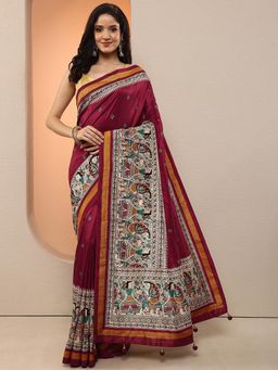 Libas - Women Maroon Kalamkari Printed Silk Blend Saree with Unstitched Blouse