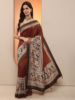 Libas - Women Brown Kalamkari Printed Silk Blend Saree with Unstitched Blouse