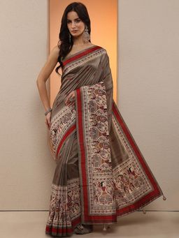 Libas - Women Grey Kalamkari Printed Silk Blend Saree with Unstitched Blouse