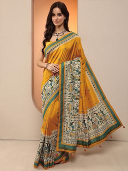 Libas - Women Mustard Kalamkari Printed Silk Blend Saree with Unstitched Blouse