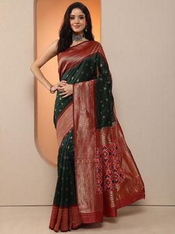 Libas - Women Green Zari Woven Silk Blend Saree with Unstitched Blouse