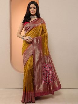Libas - Women Mustard Zari Woven Silk Blend Saree with Unstitched Blouse