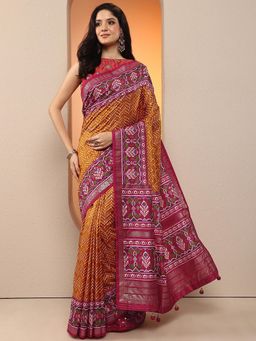 Libas - Women Mustard Ikat Printed Silk Blend Saree with Unstitched Blouse