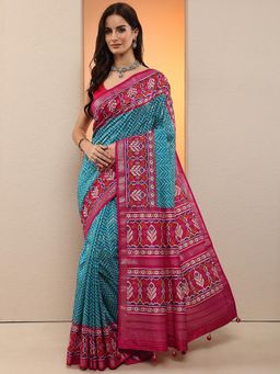 Libas - Women Blue Ikat Printed Silk Blend Saree with Unstitched Blouse