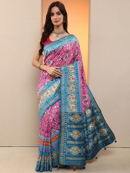 Libas - Women Pink Patola Printed Silk Blend Saree with Unstitched Blouse