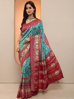 Libas - Women Blue Patola Printed Silk Blend Saree with Unstitched Blouse