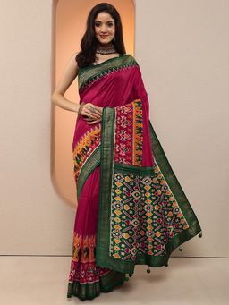 Libas - Women Rani Pink Patola Printed Silk Blend Saree with Unstitched Blouse