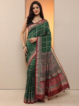 Libas - Women Green Bandhani Printed Silk Blend Saree with Unstitched Blouse