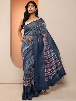 Libas - Women Navy Blue Printed Silk Blend Saree with Unstitched Blouse
