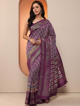 Libas - Women Purple Printed Silk Blend Saree with Unstitched Blouse