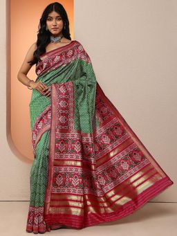 Libas - Women Green Ikat Printed Design Silk Blend Saree with Unstitched Blouse