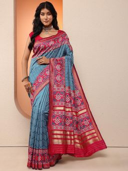 Libas - Women Blue Ikat Printed Design Silk Blend Saree with Unstitched Blouse