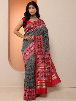Libas - Women Black Ikat Printed Design Silk Blend Saree with Unstitched Blouse