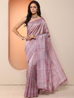 Libas - Women Lavender Floral Printed Silk Blend Saree with Unstitched Blouse