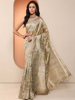 Libas - Women Beige Floral Printed Silk Blend Saree with Unstitched Blouse