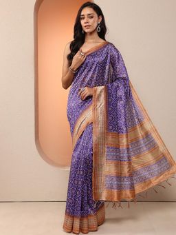 Libas - Women Purple Printed Thread Work Silk Blend Saree with Unstitched Blouse