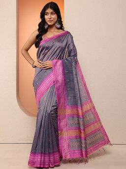 Libas - Women Dusky Blue Printed Thread Work Silk Blend Saree with Unstitched Blouse