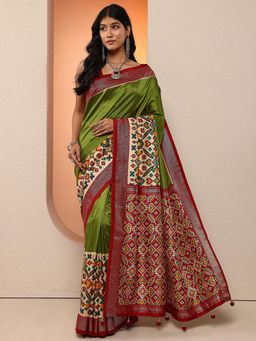 Libas - Women Olive Silk Patola Printed Blend Saree with Unstitched Blouse