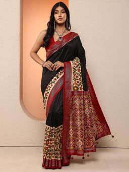 Libas - Women Black Silk Patola Printed Blend Saree with Unstitched Blouse