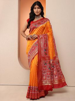 Libas - Women Mustard Patola Printed Design Silk Blend Saree with Unstitched Blouse
