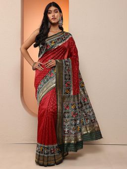 Libas - Women Maroon Patola Printed Design Silk Blend Saree with Unstitched Blouse