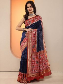 Libas - Women Navy Blue Handloom Printed Silk Blend Saree with Unstitched Blouse