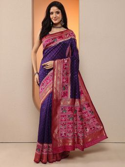 Libas - Women Purple Handloom Printed Silk Blend Saree with Unstitched Blouse