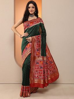 Libas - Women Green Handloom Printed Silk Blend Saree with Unstitched Blouse