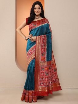 Libas - Women Teal Handloom Printed Silk Blend Saree with Unstitched Blouse
