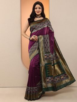 Libas - Women Wine Handloom Printed Silk Blend Saree with Unstitched Blouse