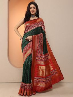 Libas - Women Green Handloom Printed Silk Blend Saree with Unstitched Blouse