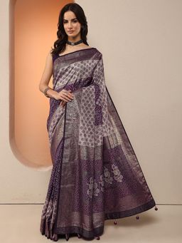Libas - Women Purple Printed Bandhani Silk Blend Saree with Unstitched Blouse