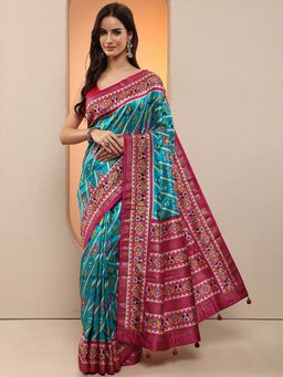 Libas - Women Blue Patola Printed Silk Blend Saree with Unstitched Blouse