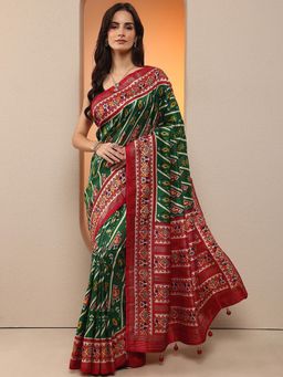 Libas - Women Green Patola Printed Silk Blend Saree with Unstitched Blouse