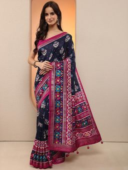 Libas - Women Navy Blue Patola Printed Silk Blend Saree with Unstitched Blouse