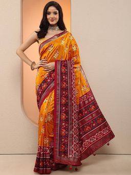 Libas - Women Mustard Patola Printed Silk Blend Saree with Unstitched Blouse