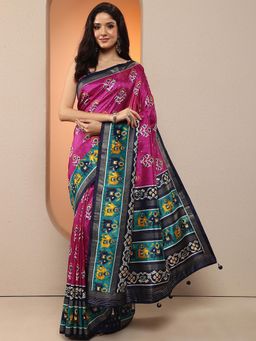 Libas - Women Pink Patola Printed Silk Blend Saree with Unstitched Blouse