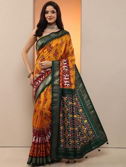 Libas - Women Mustard Patola Printed Silk Blend Saree with Unstitched Blouse
