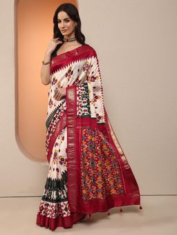 Libas - Women Off White Patola Printed Silk Blend Saree with Unstitched Blouse