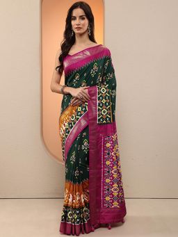 Libas - Women Green Patola Printed Silk Blend Saree with Unstitched Blouse