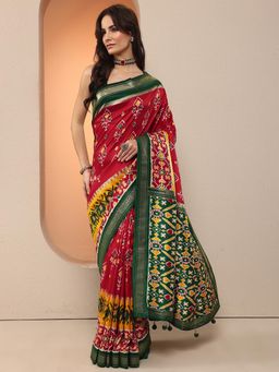 Libas - Women Red Patola Printed Silk Blend Saree with Unstitched Blouse