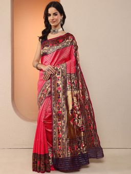 Libas - Women Fuchsia Pink Floral Woven Design Silk Blend Saree with Unstitched Blouse