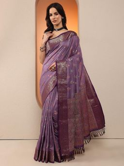 Libas - Women Lavender Floral Woven Design Silk Blend Saree with Unstitched Blouse