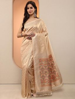 Libas - Women Beige Handloom Woven Silk Blend Saree with Unstitched Blouse