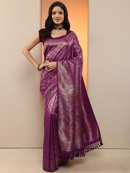 Libas - Women Purple Handloom Woven Silk Blend Saree with Unstitched Blouse