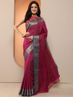 Libas - Women Magenta Floral Woven Design Silk Blend Saree with Unstitched Blouse